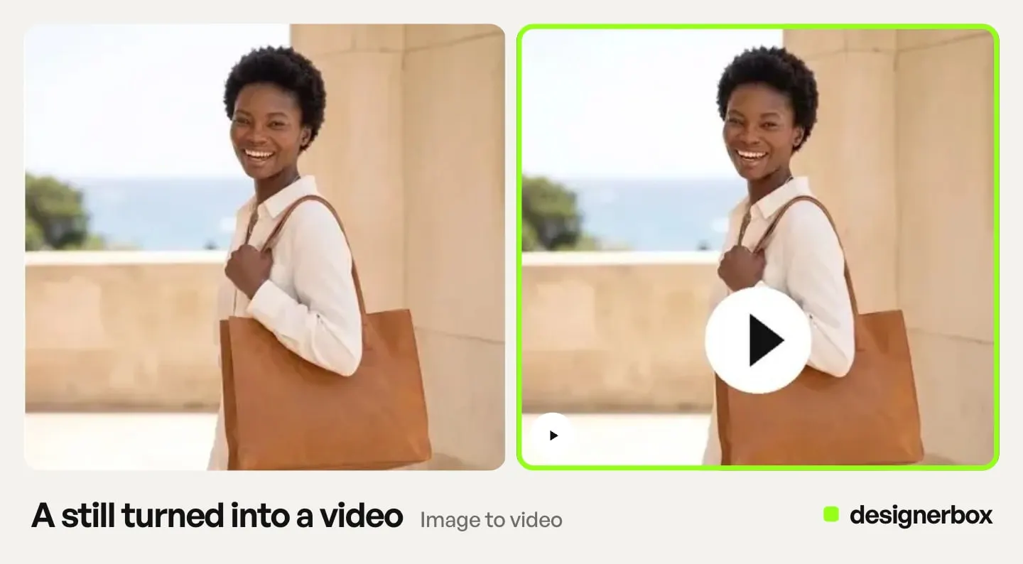 A still of a woman with a leather tote and the video DesignerBox made from it