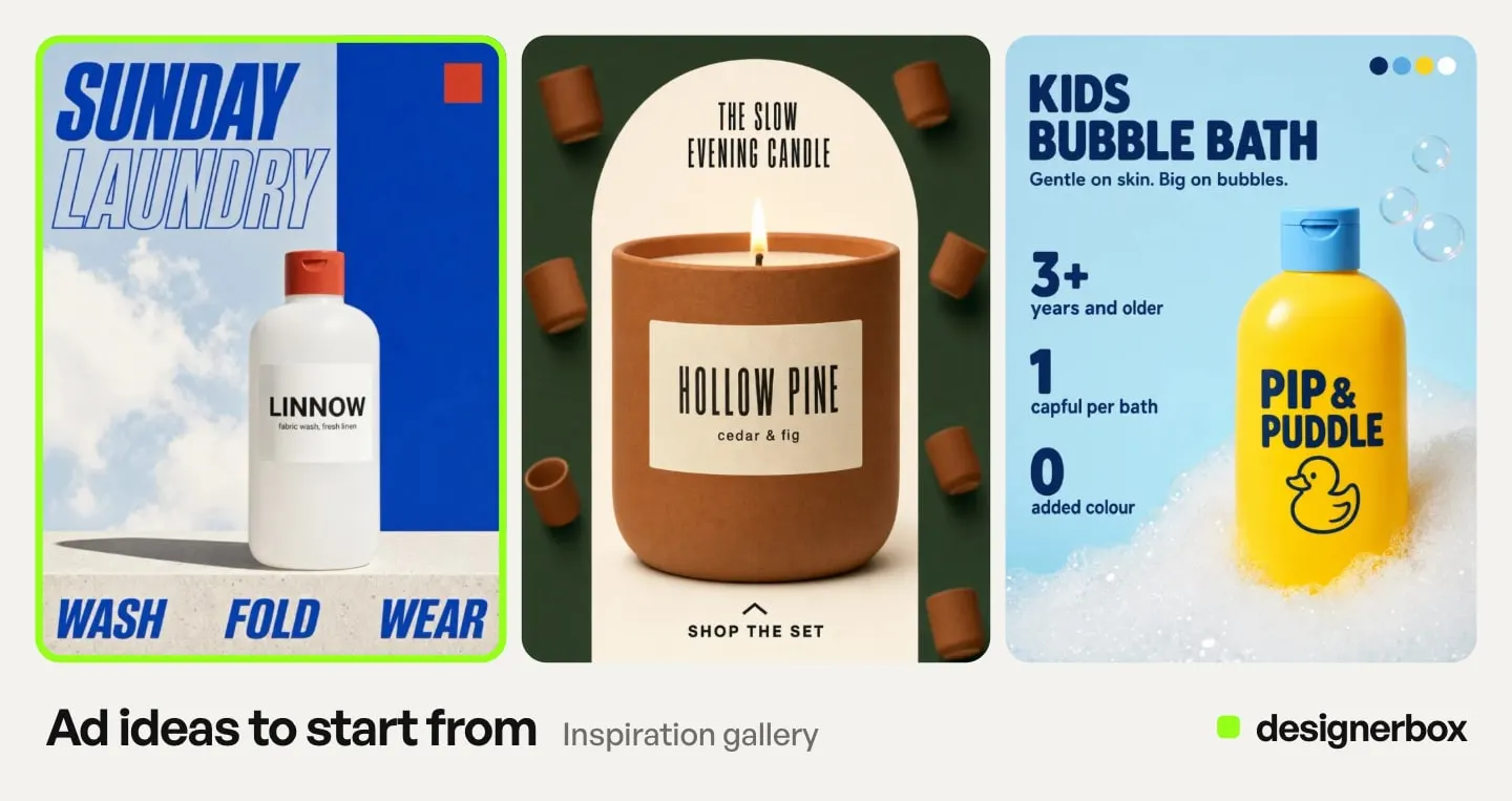 Ad ideas from the DesignerBox Inspiration gallery, with the laundry bottle ad marked
