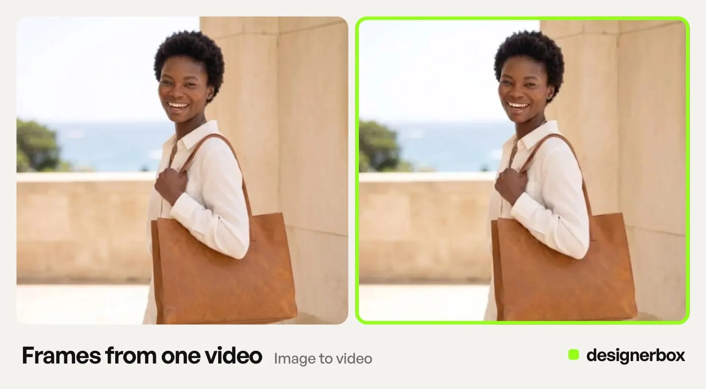 Two frames from one DesignerBox video: a smiling woman carries a brown leather tote on her shoulder by the sea