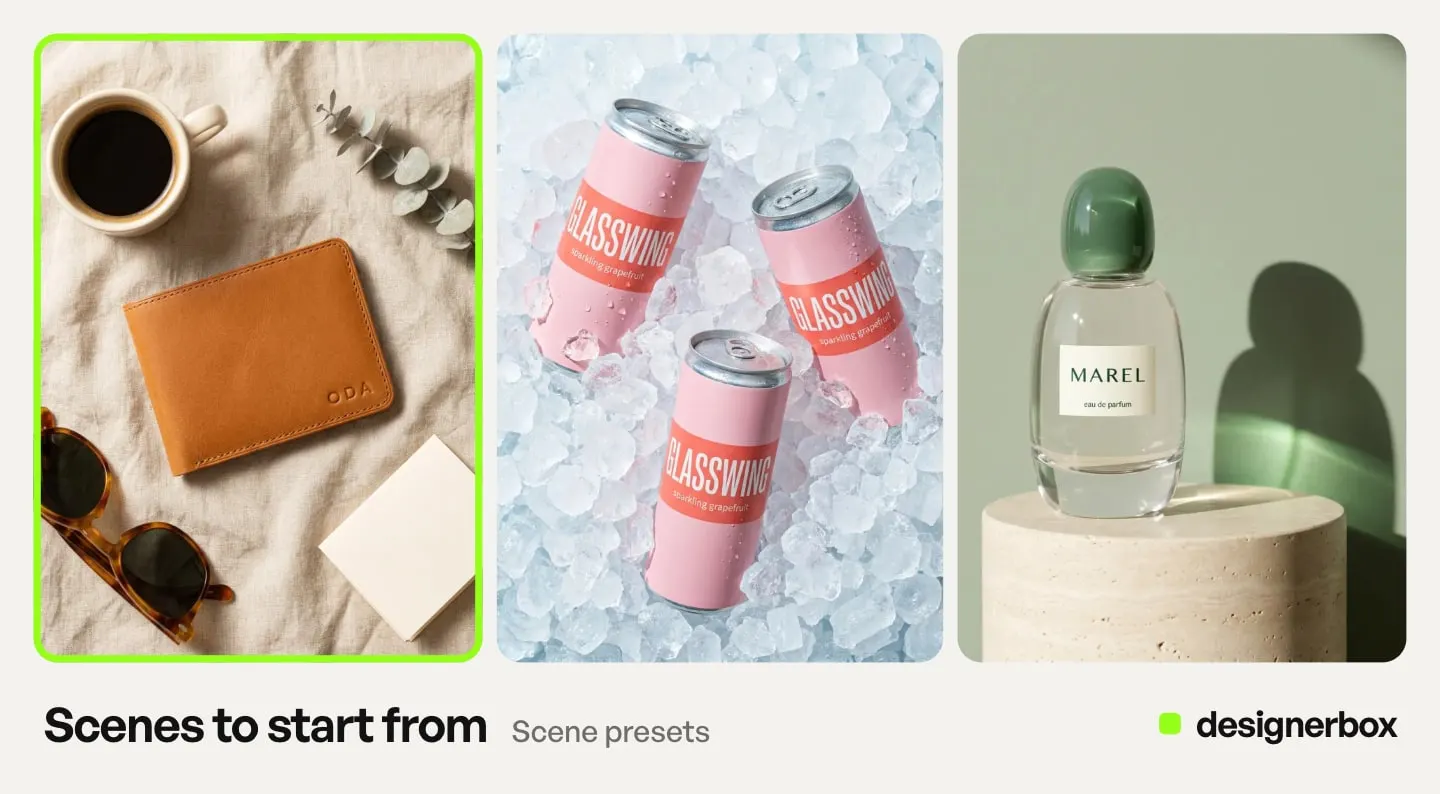 Scene presets in DesignerBox, with the leather wallet flat lay marked