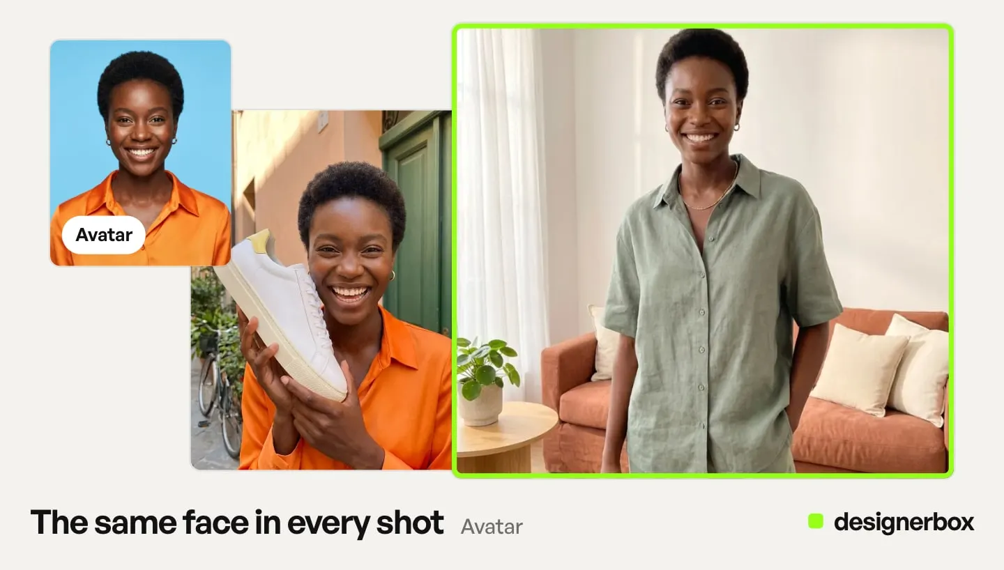 One DesignerBox avatar in three shots: a studio portrait, holding a white sneaker, and in a sage linen set in a living room