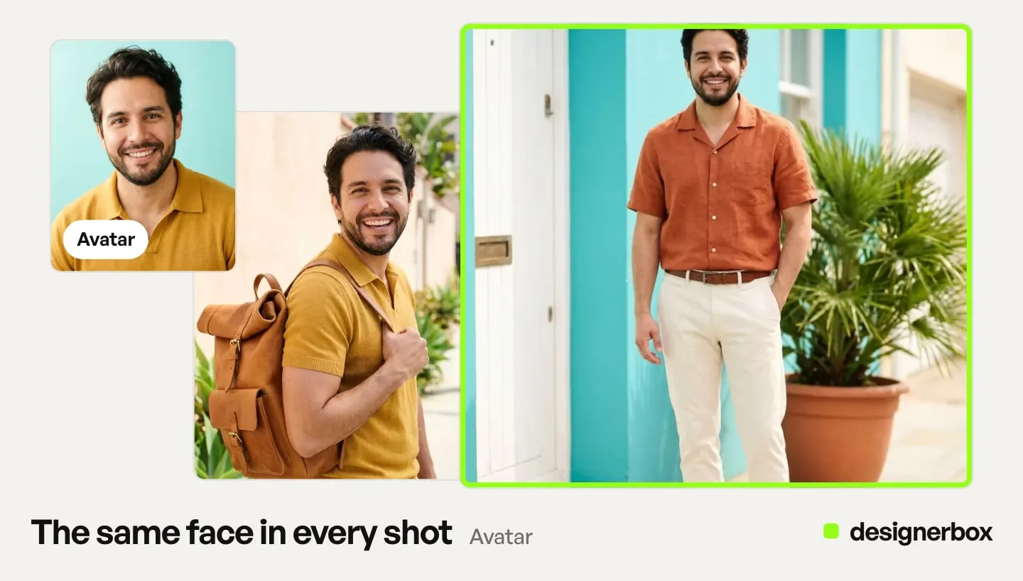 One DesignerBox avatar in three shots: a studio portrait, with a leather backpack, and in a rust shirt and cream chinos by a turquoise wall