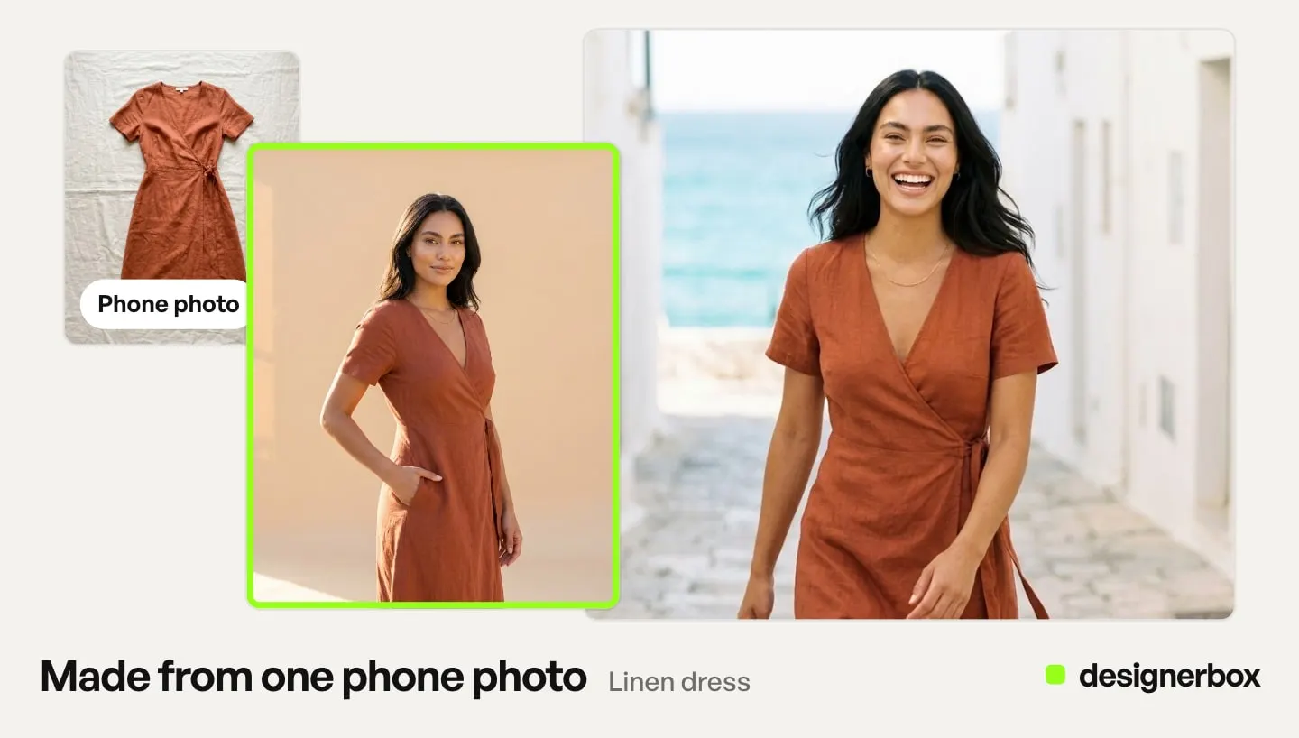 Made with DesignerBox from one phone photo of a rust linen wrap dress laid flat: the dress on a model in a studio and on a sunny lane