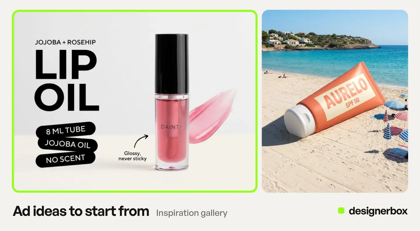 Ad ideas from the DesignerBox Inspiration gallery, with the lip oil tube ad marked