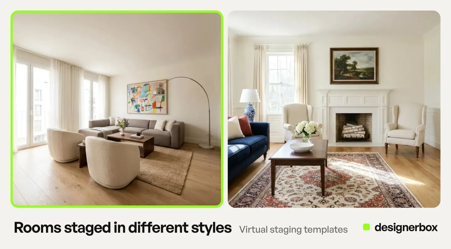 Two DesignerBox room results, a light modern living room and a classic one, each with a framed painting on the wall