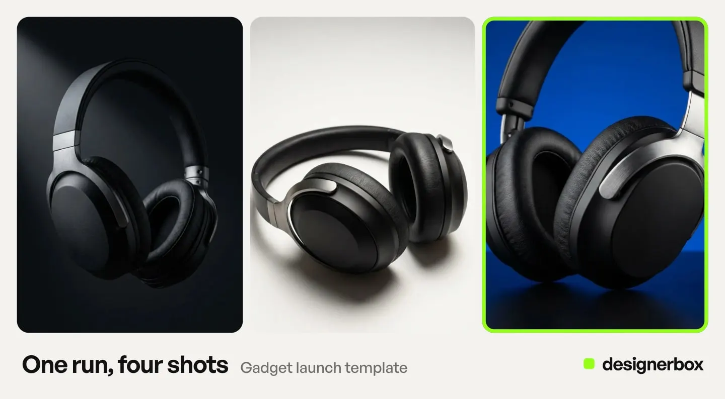 Results from one run of the Gadget launch template in DesignerBox, with the over-ear headphones on a color backdrop marked