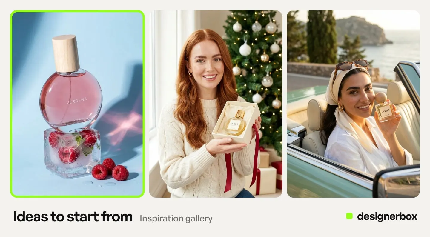 Ideas from the DesignerBox Inspiration gallery, with the perfume bottle on a color backdrop marked