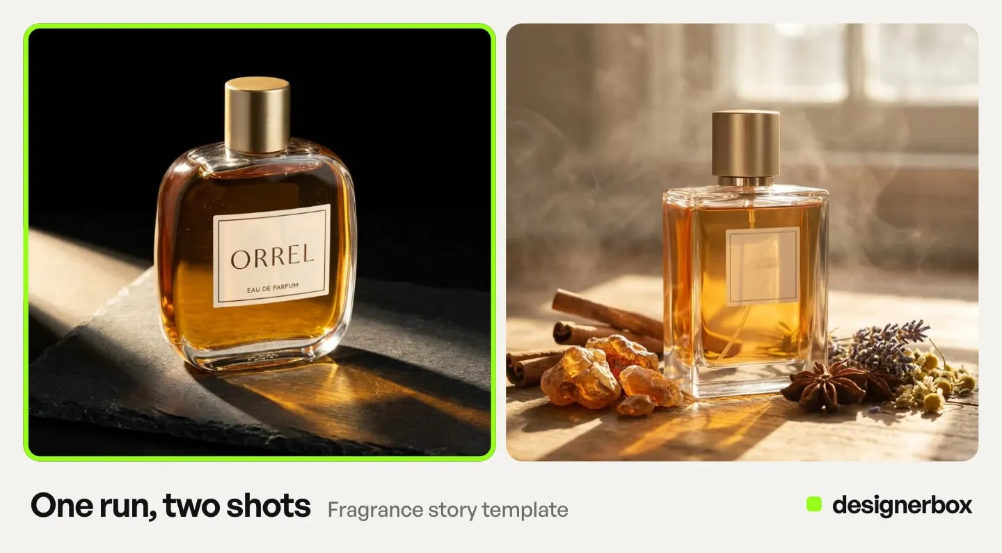 Results from one run of the Fragrance story template in DesignerBox, with the perfume bottle on a color backdrop marked