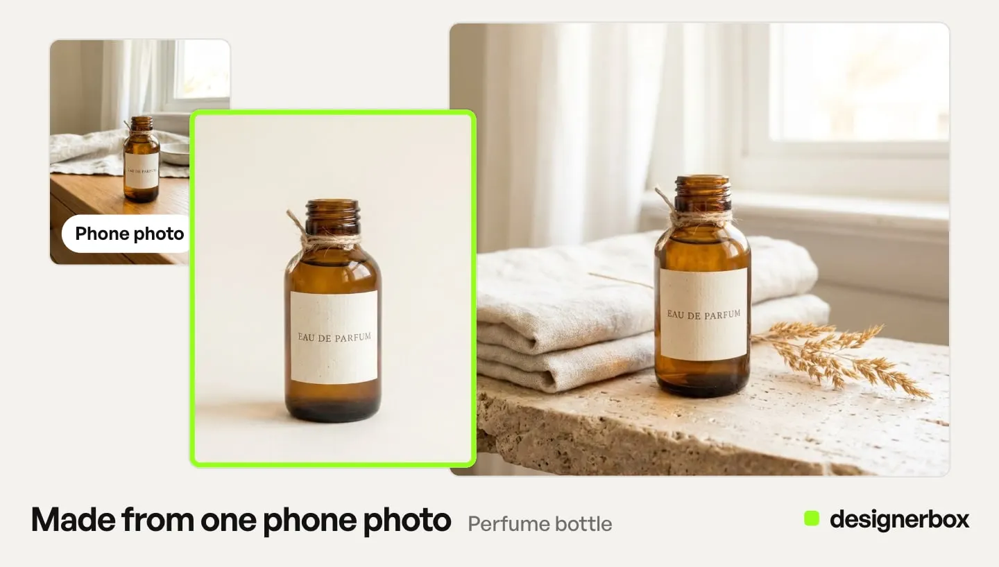 Made with DesignerBox from one phone photo of an amber perfume bottle: a packshot on cream and the bottle on a stone ledge with linen