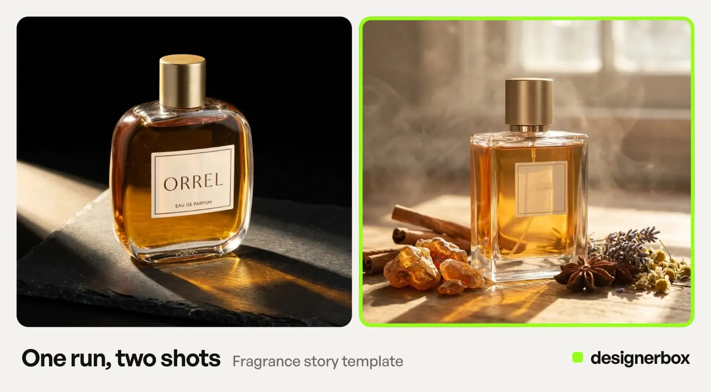 Two results from one run of the Fragrance story template in DesignerBox, with the kept perfume bottle scene marked