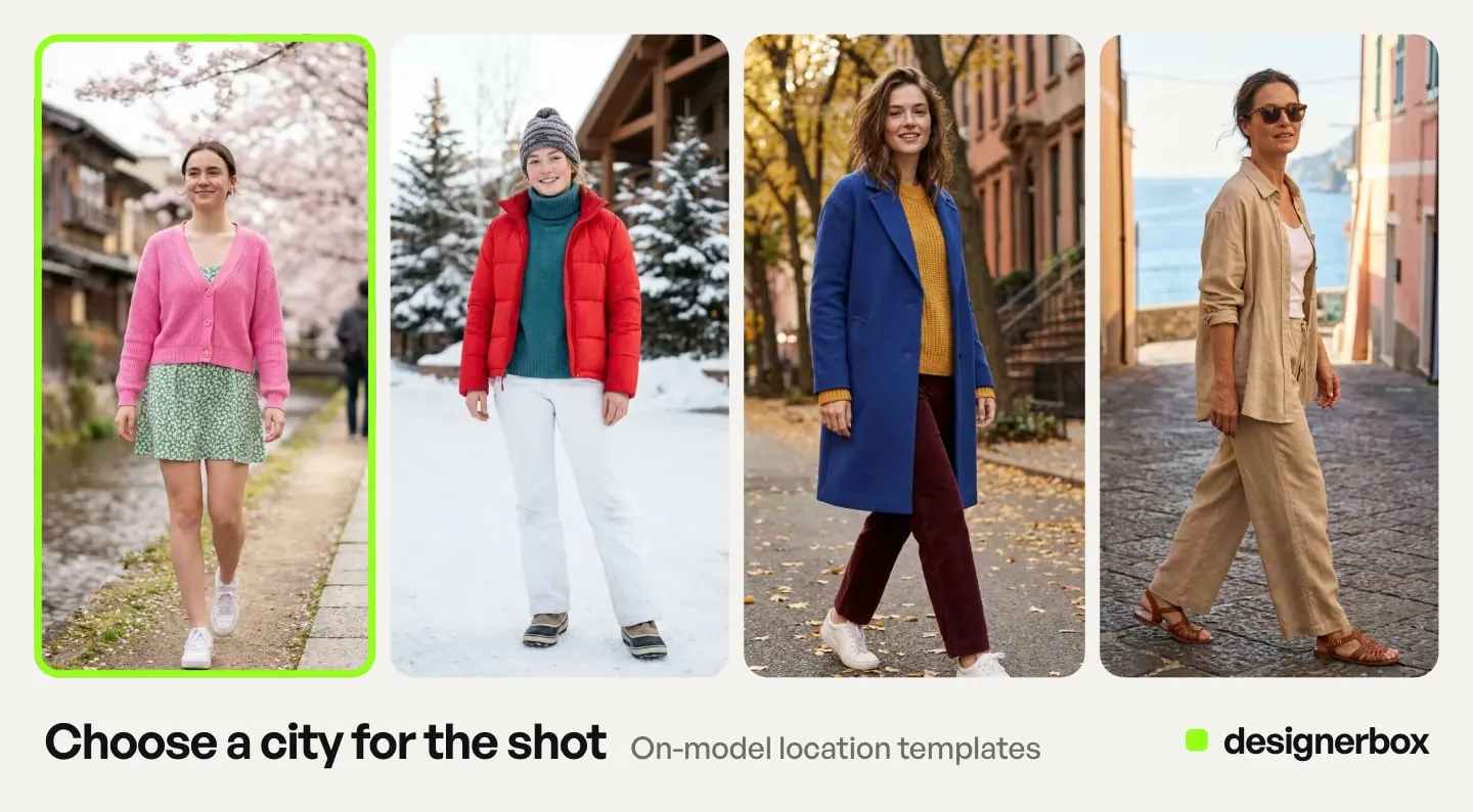 On-model location templates in DesignerBox, with the pink cardigan outfit on a model marked
