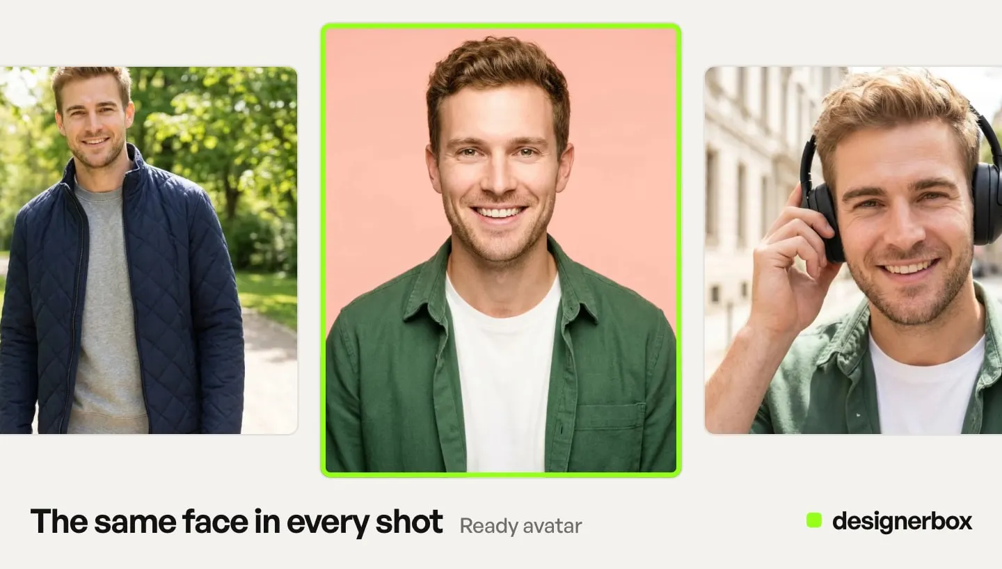 A ready avatar in DesignerBox: the studio portrait in the middle, the same man in a quilted jacket and in headphones