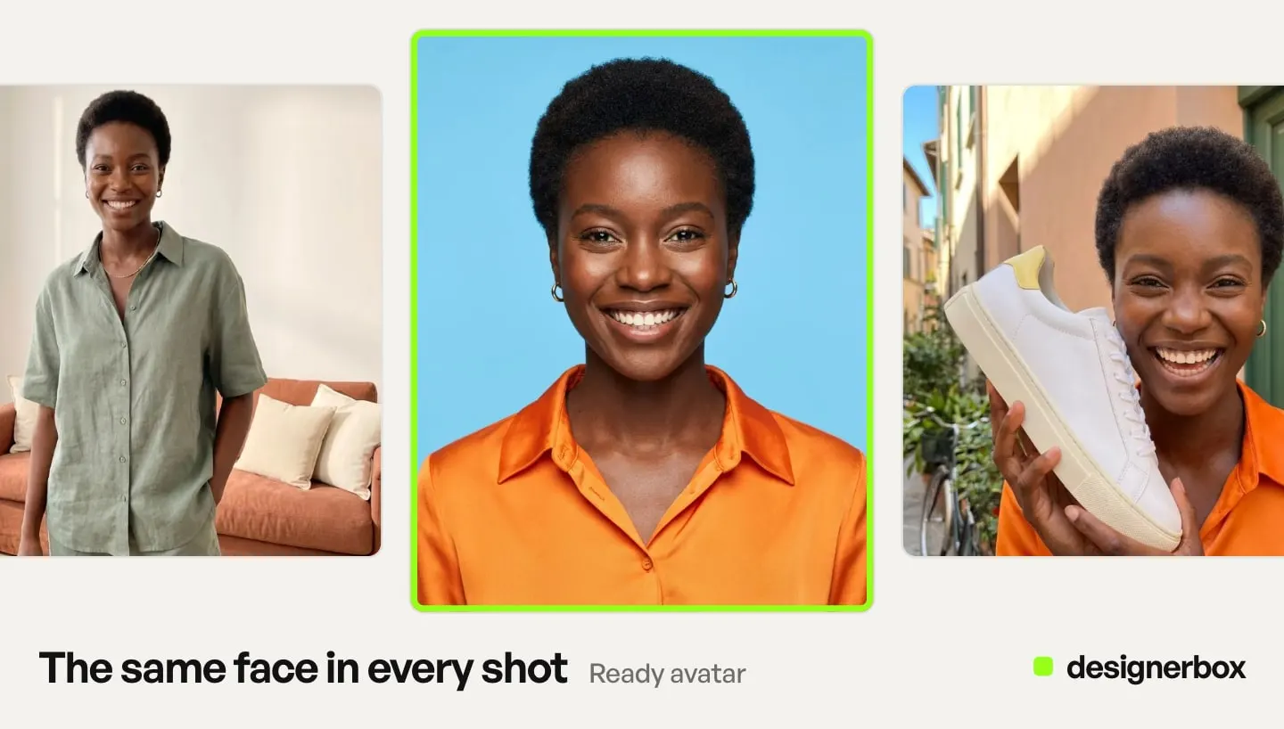 A ready avatar in DesignerBox: the studio portrait in the middle, the same woman in a sage linen set and holding a sneaker