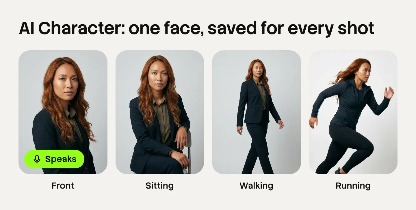 Illustration of an AI Character in DesignerBox: the same woman in four poses, front, sitting, walking and running, with a label showing that the character speaks