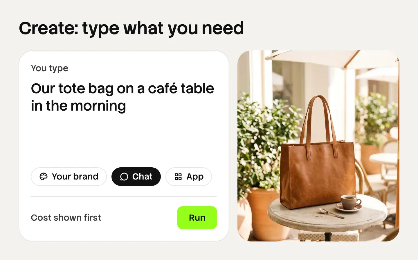Illustration of Create in DesignerBox: a typed request for a tote bag on a café table, a brand chip, Chat and App modes, a Run button, and the finished picture beside it