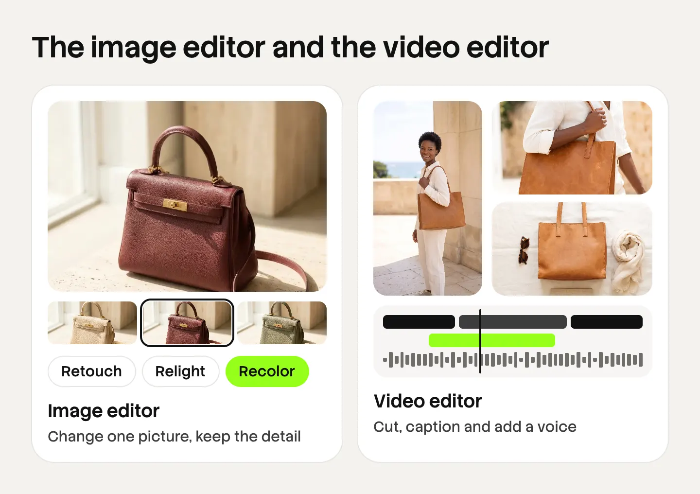 Illustration of the two DesignerBox editors: the image editor recoloring one handbag picture, and the video editor with clips, a caption track and an audio track on a timeline