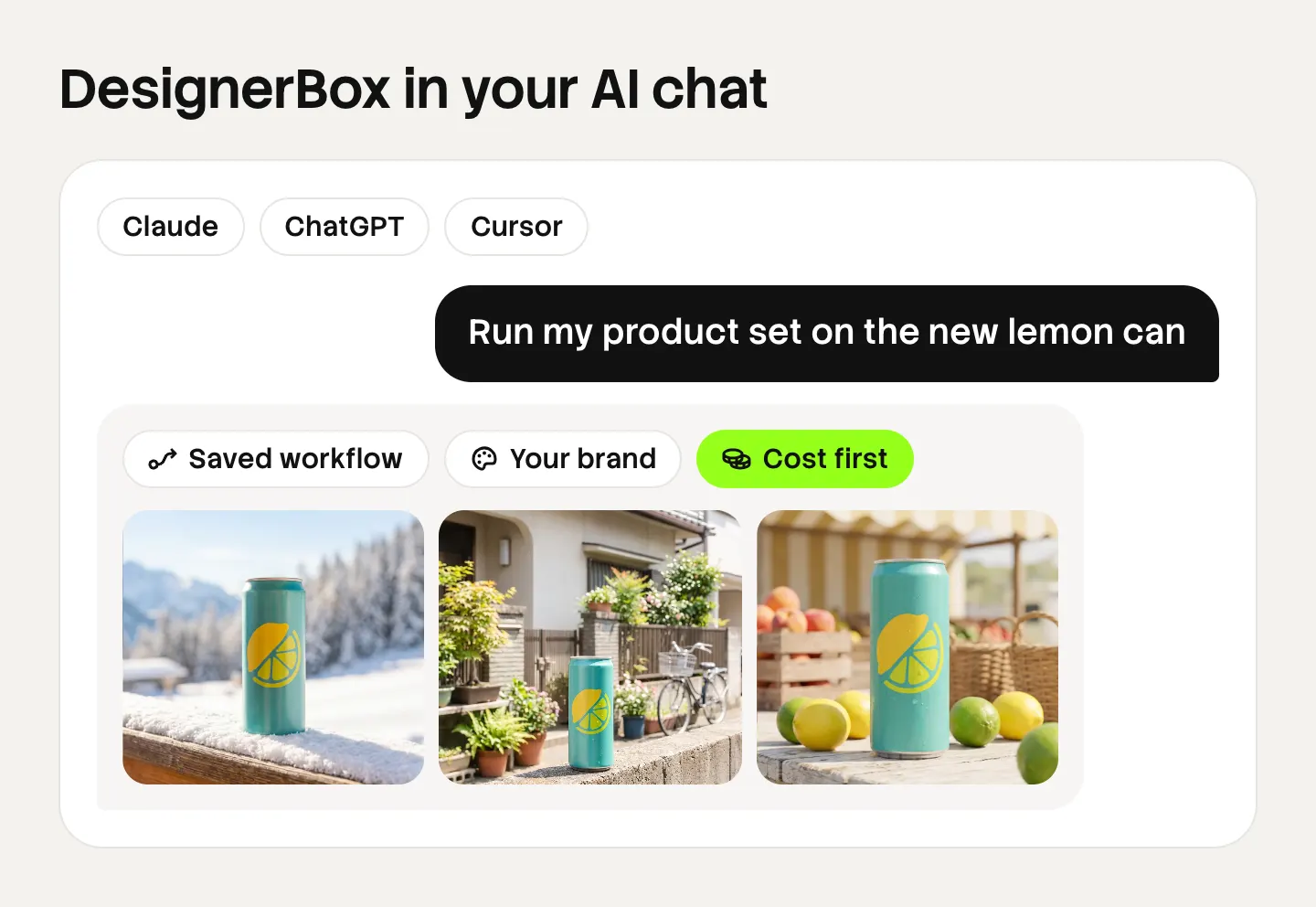 Illustration of DesignerBox in an AI chat: a message asks to run a saved product set on a new can, and the reply shows the saved workflow, the brand and three finished scenes