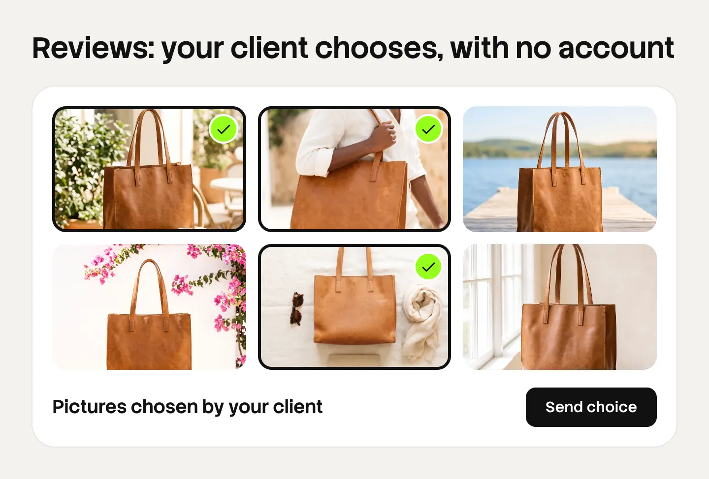 Illustration of a review page in DesignerBox: six pictures of a tote bag, three marked as chosen by the client, and a Send choice button
