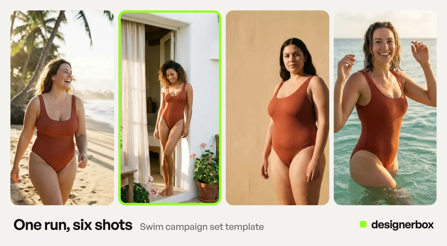 Results from one run of the Swim campaign set template in DesignerBox, the same ribbed one-piece swimsuit on a model across six shots
