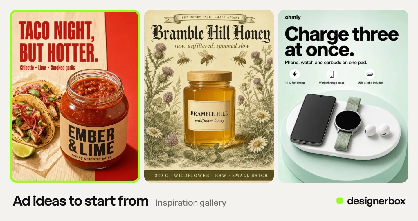 Ad ideas from the DesignerBox Inspiration gallery, with the salsa jar ad marked