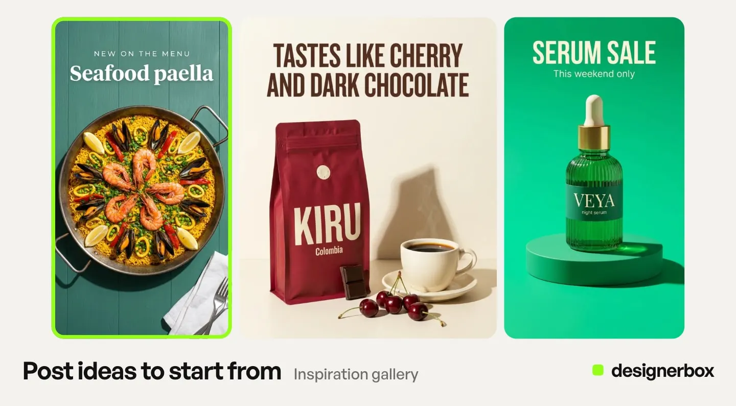 Post ideas from the DesignerBox Inspiration gallery, with the seafood paella post marked