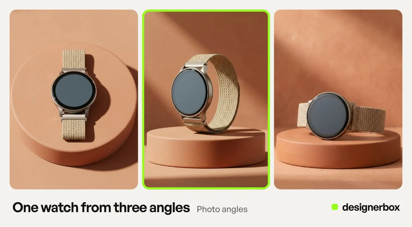 One smartwatch on a terracotta stand from three angles, made with DesignerBox
