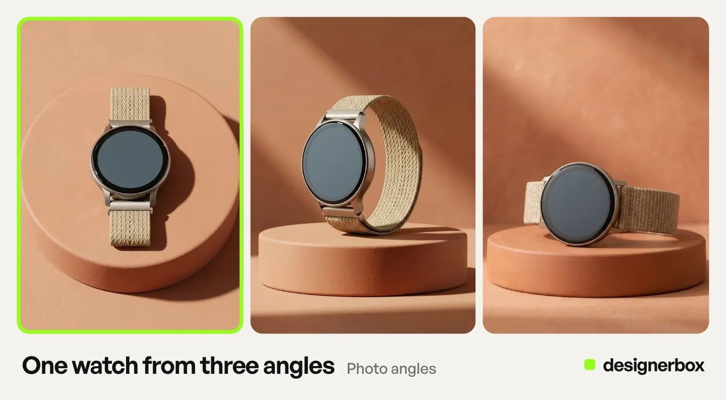 One smartwatch on a terracotta stand from three angles, made with DesignerBox