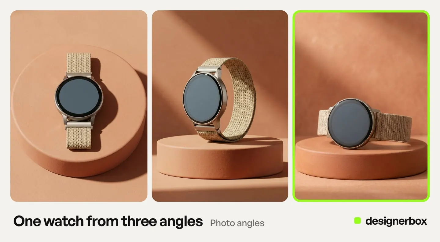 One smartwatch on a terracotta stand from three angles, made with DesignerBox