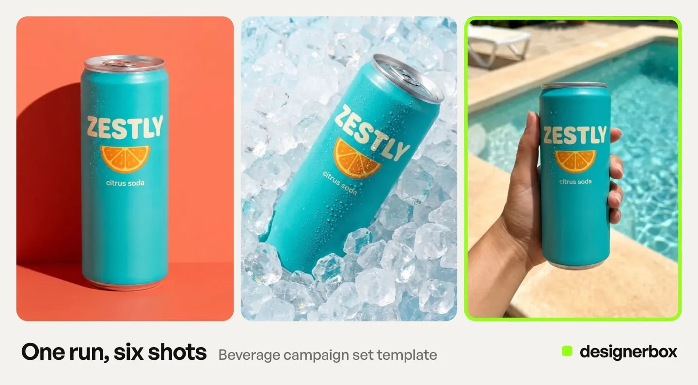 Results from one run of the Beverage campaign set template in DesignerBox, with the soda can scene marked