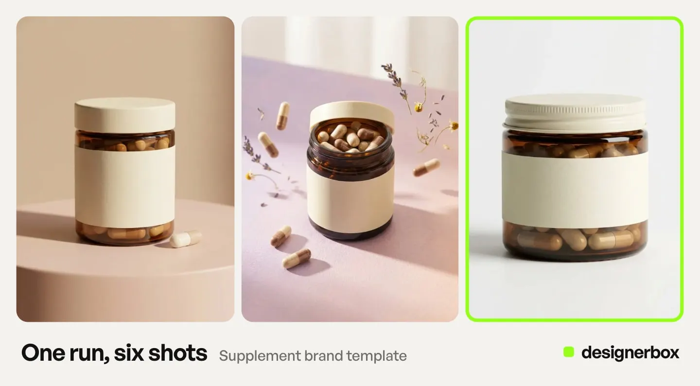 Results from one run of the Supplement brand template in DesignerBox, with the supplement jar packshot marked
