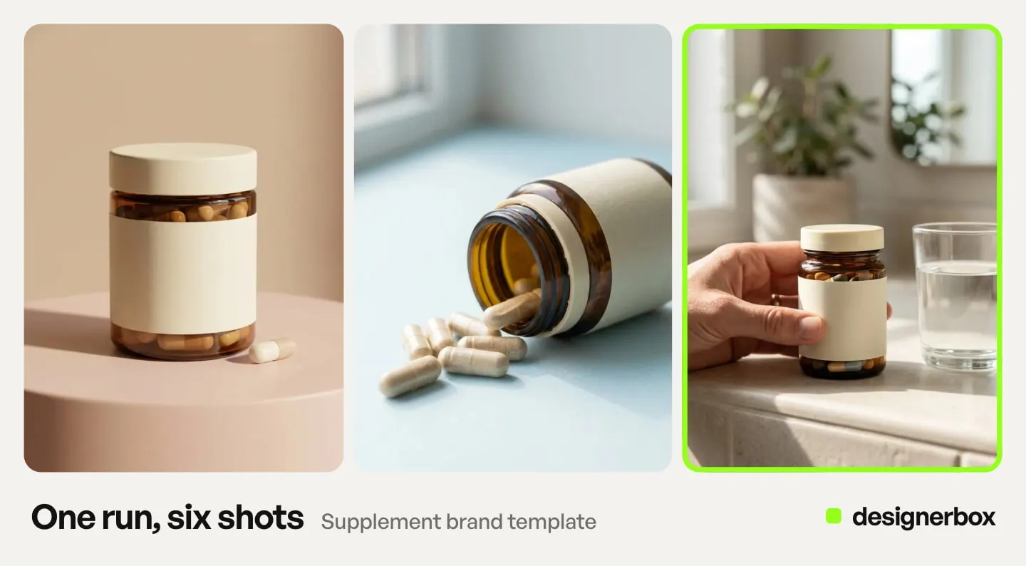 Results from one run of the Supplement brand template in DesignerBox, with the supplement jar scene marked