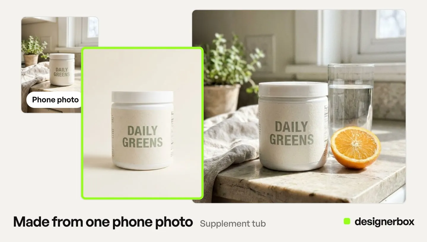 Made with DesignerBox from one phone photo of a Daily Greens tub: a packshot on cream and the tub on a kitchen counter