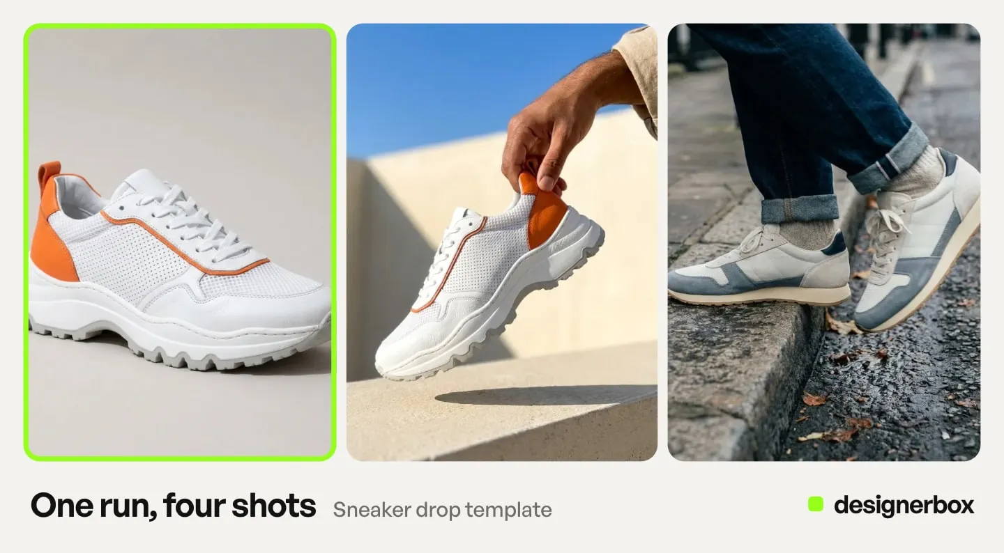 Results from one run of the Sneaker drop template in DesignerBox, with the white chunky sneaker on a color backdrop marked