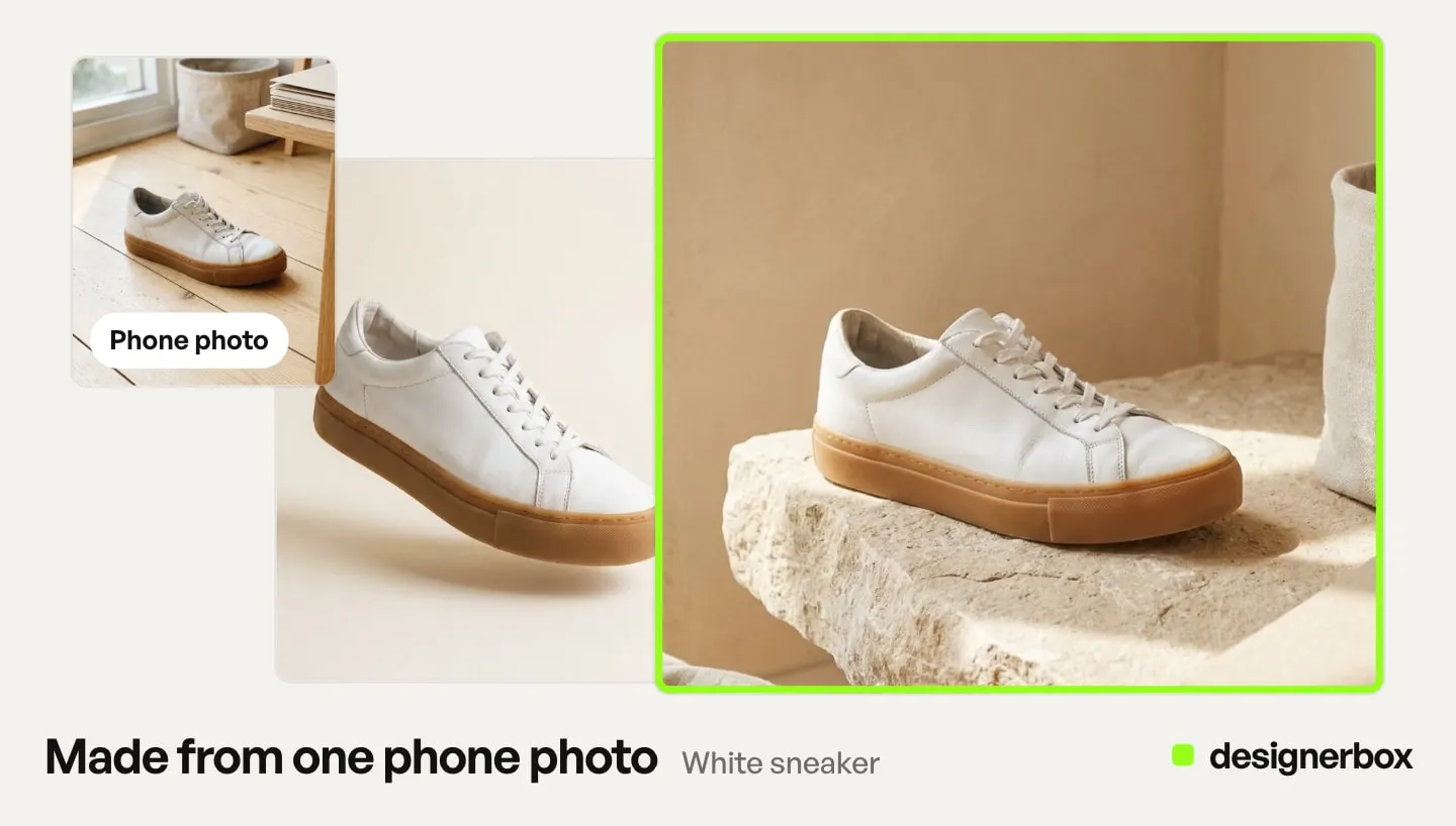Made with DesignerBox from one phone photo of a white leather sneaker: a floating packshot and the sneaker on a stone ledge
