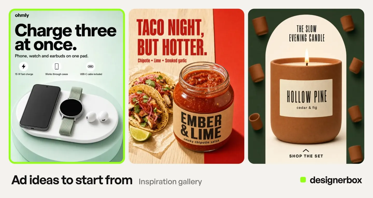 Ad ideas from the DesignerBox Inspiration gallery, with the wireless charger ad marked