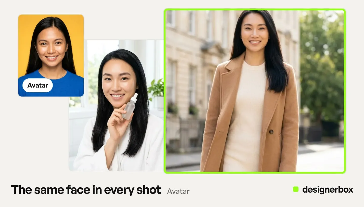One DesignerBox avatar in three shots: a studio portrait, holding a dropper bottle, and in a camel wool coat on a street