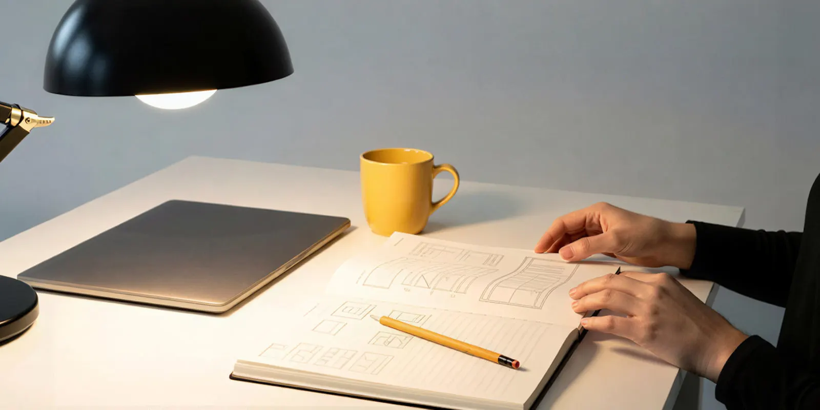Hands sketching in an open notebook beside a closed laptop and a yellow mug, where you note the structure of a winning ad