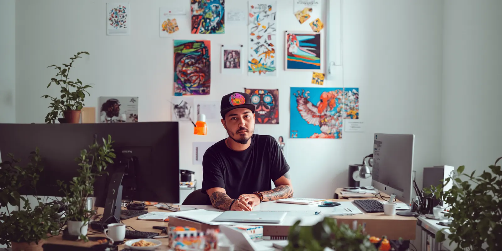 Man in a cap at a desk between two monitors, a wall of colorful posters behind him, the canvas work that design software still owns