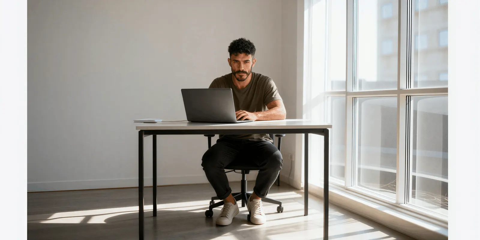 Man in a T-shirt using a laptop at a simple desk by tall windows, the store settings step where image sizes change
