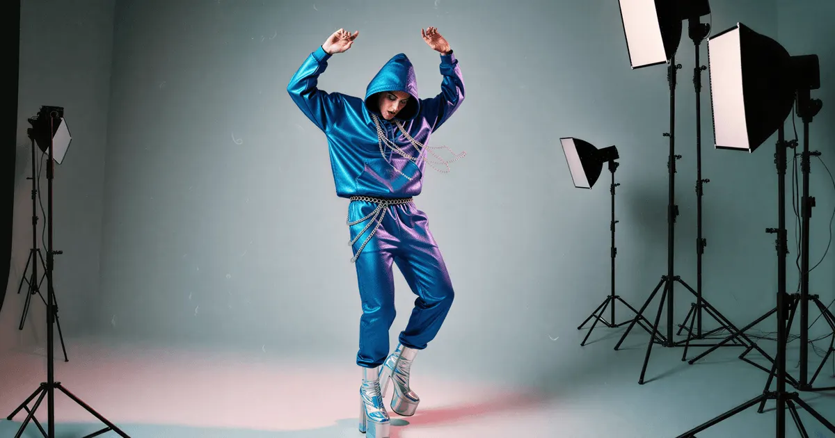 Person in a shiny blue tracksuit and silver boots dancing in a photo studio lit by softboxes, the kind of motion a still frame cannot show