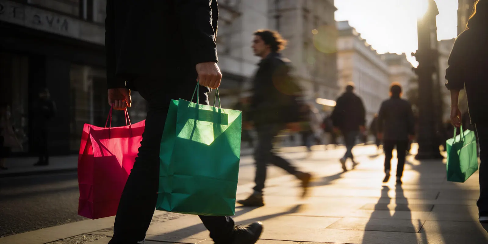 Person in black carrying pink and green paper shopping bags on a sunlit street, the purchase that a link inside a short video can bring