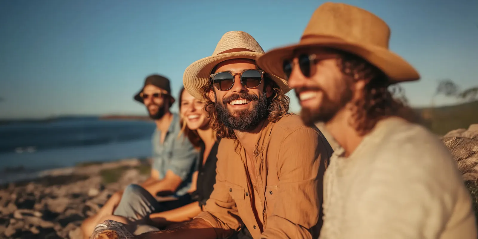 Four friends in wide-brim hats smiling on a beach at golden hour, the kind of group photo a creator might post