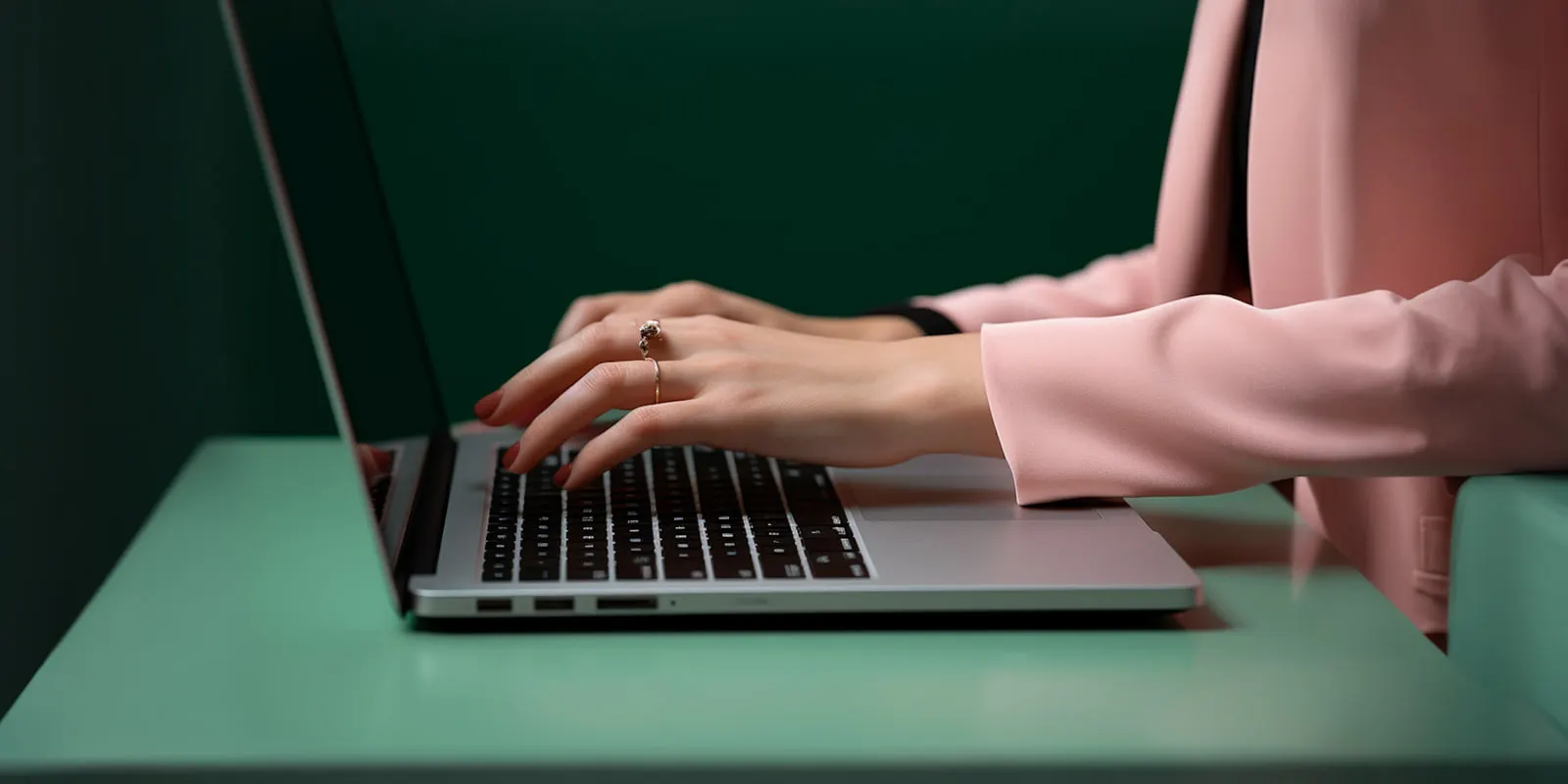 Hands with rings typing on a silver laptop on a mint green desk, the template work that starts dynamic creative optimization
