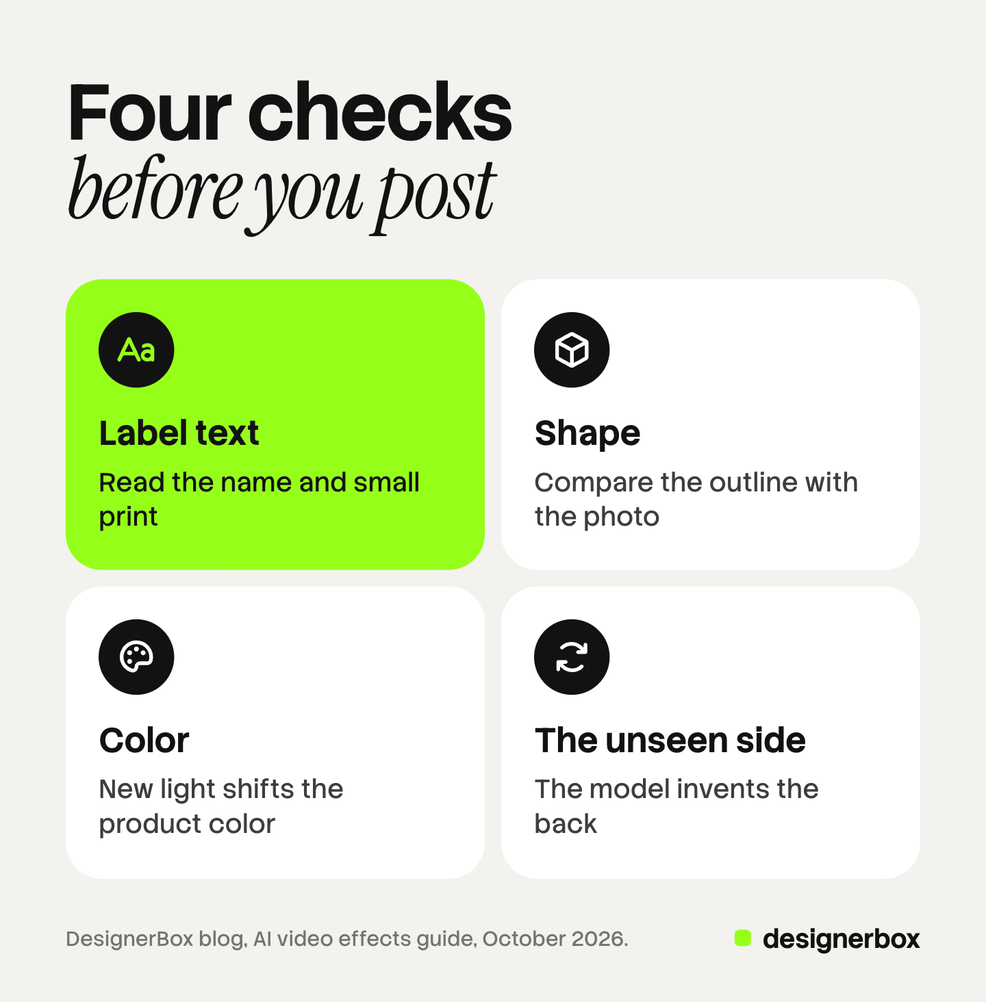 Four tiles, one per product check to run on an AI video effect clip before posting: the label text, the shape, the color, and the side the photo never showed.