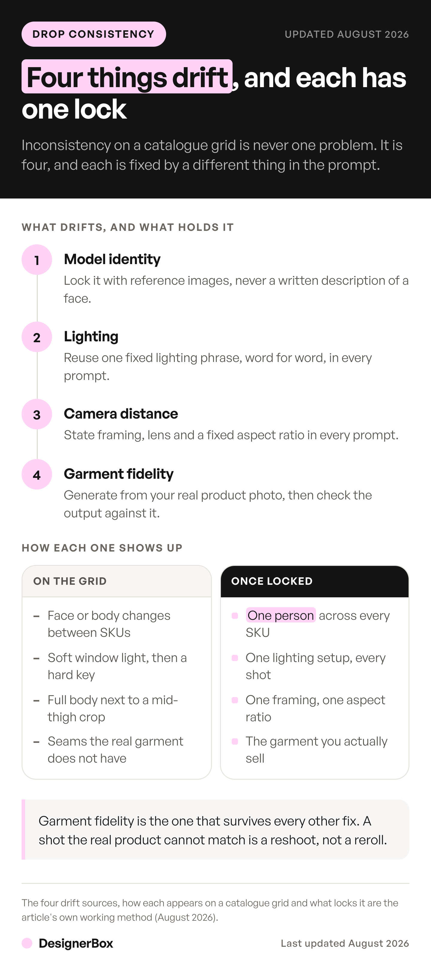 The four things that break consistent on-model product images between generations, model identity, lighting, camera distance and garment fidelity, with what locks each one.