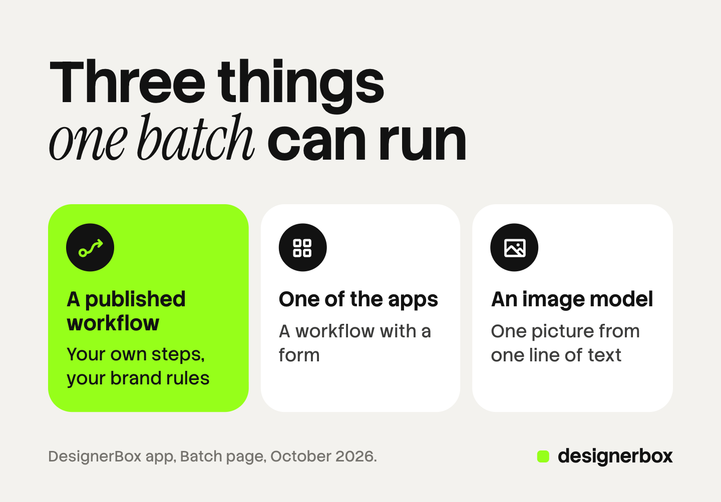 Three tiles for the three things a DesignerBox batch can run over a sheet of rows: a workflow you published, one of the apps, and an image model on its own.