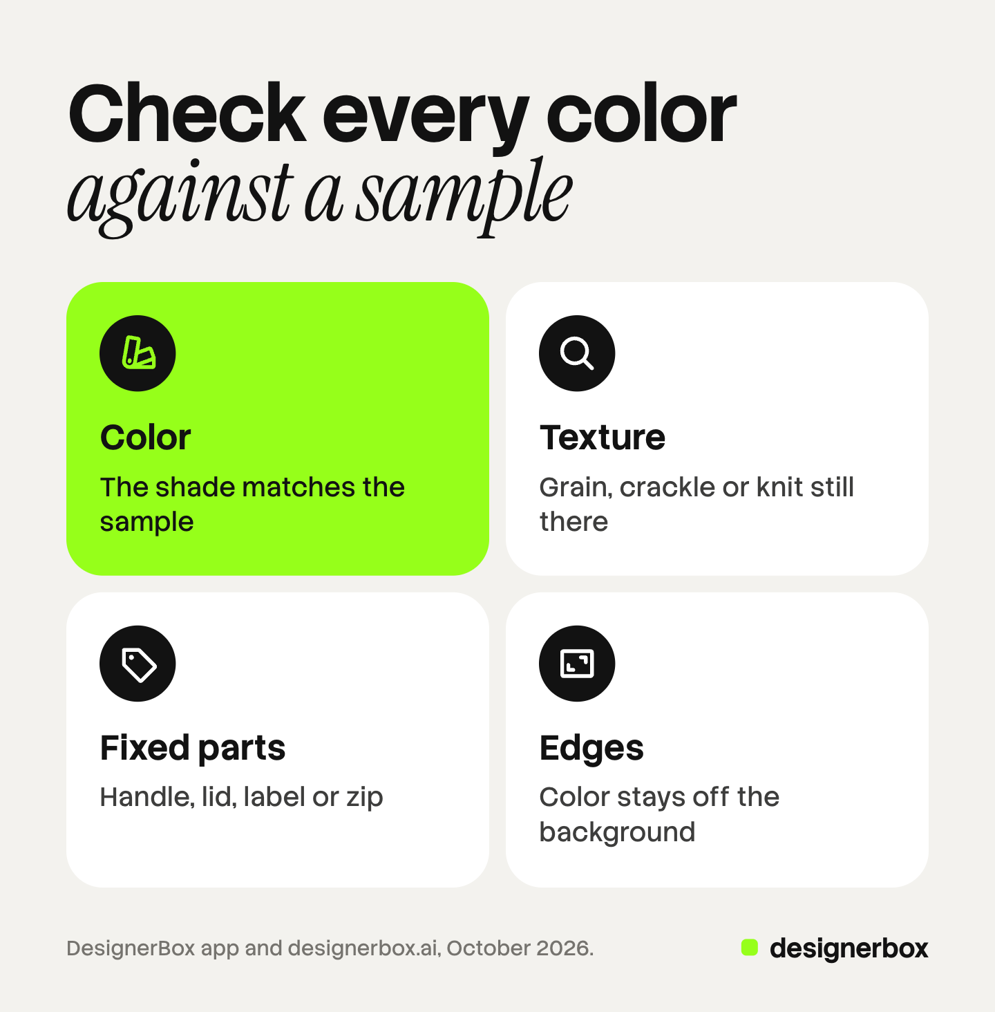 Four tiles for checking each DesignerBox color picture against a real sample: the shade, the texture, the parts that keep their color, and the edges.
