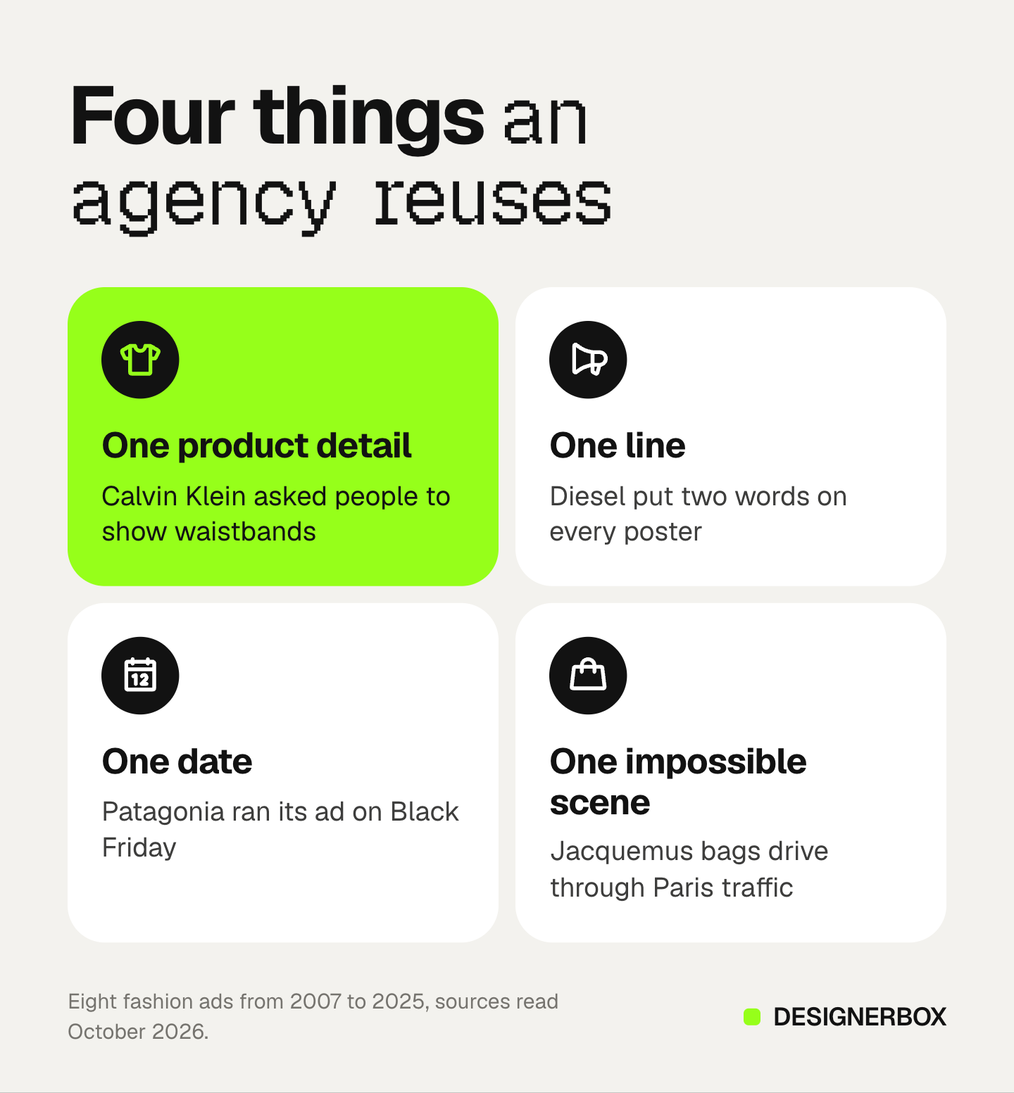 Four tiles showing what an agency can reuse from famous fashion ads: one product detail, one line, one date and one impossible scene, with an example under each.