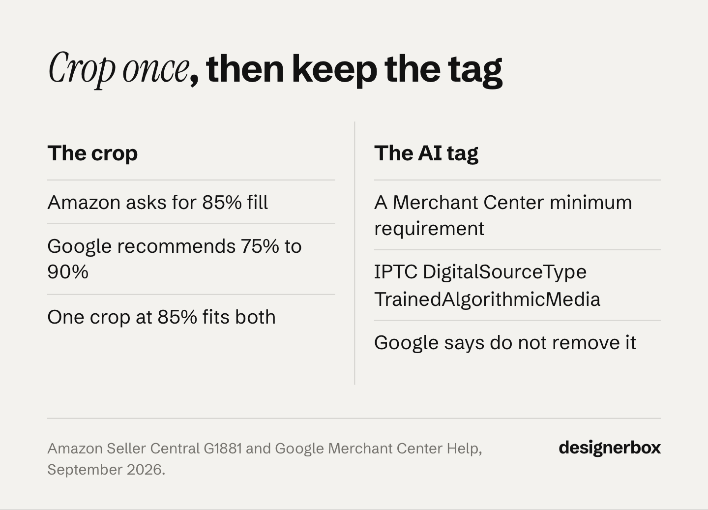One crop at 85% fits Amazon's 85% fill and Google's recommended 75% to 90%, while Google lists the AI metadata tag as a minimum requirement and says not to remove it.