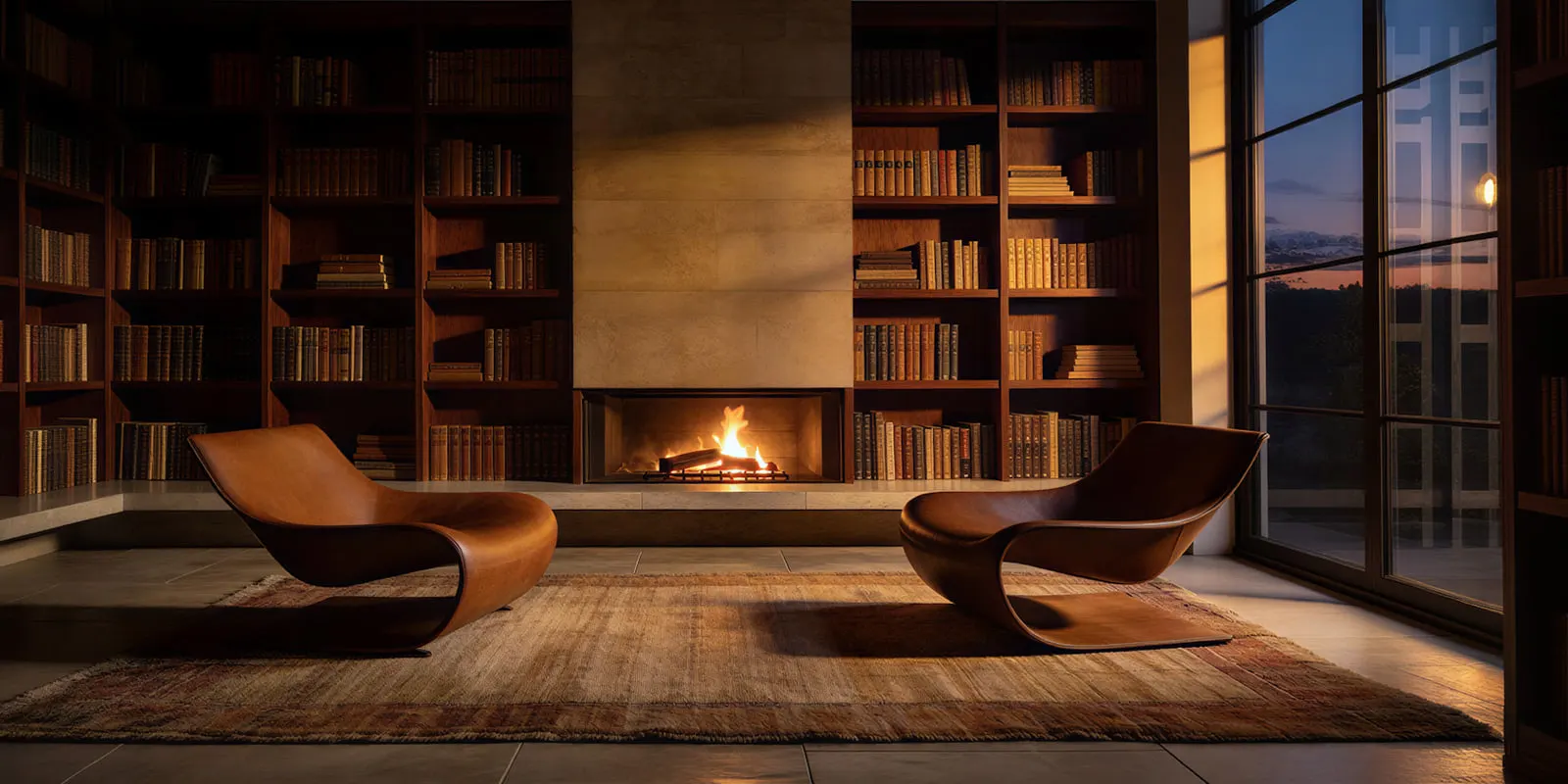 Two curved leather lounge chairs on a woven rug before a fireplace and bookshelves, where leather grain and scale must stay true